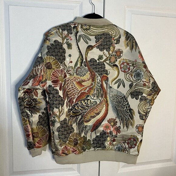 Hood Crew Bomber Jacket Mens Satin Embroidered Floral Bird Full Zip - Picture 2 of 7
